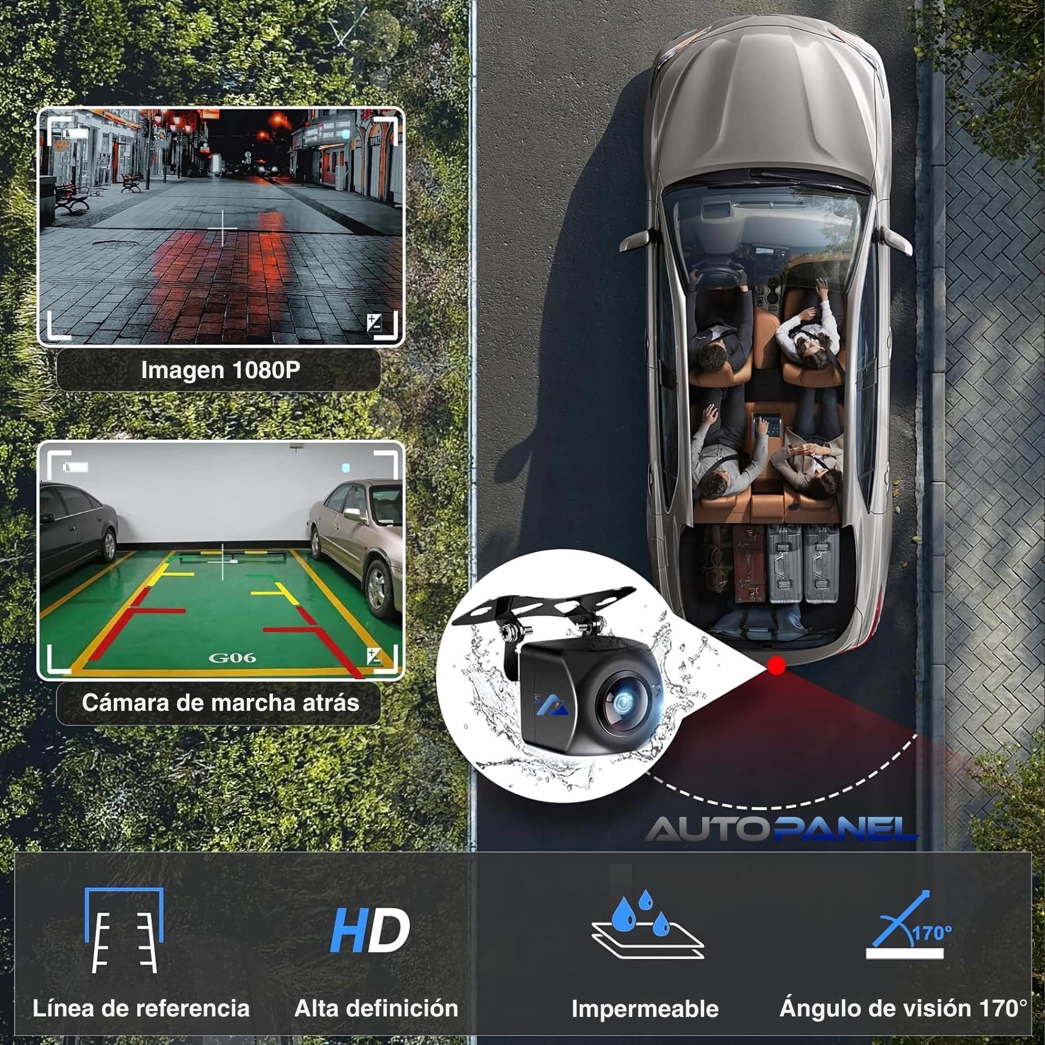 Comparación cámara trasera AutoPanel en alta definición con líneas de referencia y visión 170°
