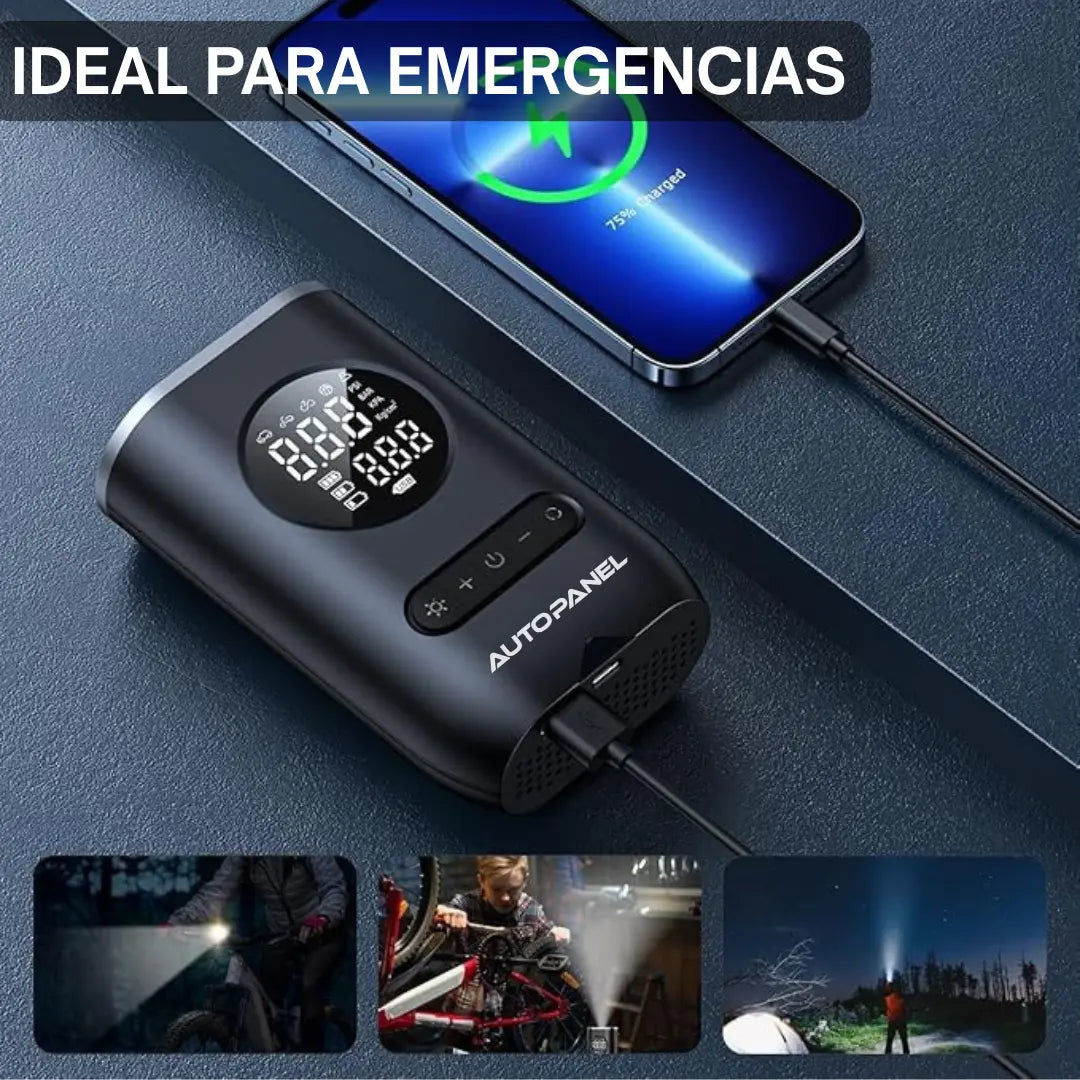 AutoPanel Air Rescue inflador cargando celular y usos en emergencias con linterna para bicicleta y auto