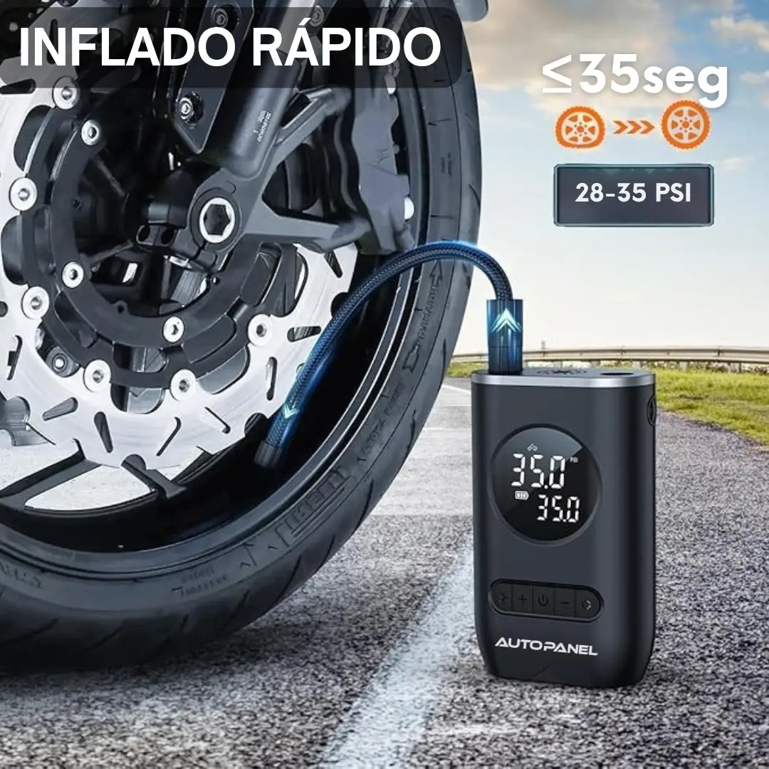 AutoPanel Air Rescue inflando neumatico de moto en menos de 35 segundos a 35 PSI inflado rapido portatil