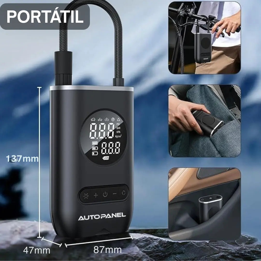 AutoPanel Air Rescue inflador portatil compacto 137mm mostrando uso en bolsillo y portavaso de vehiculo