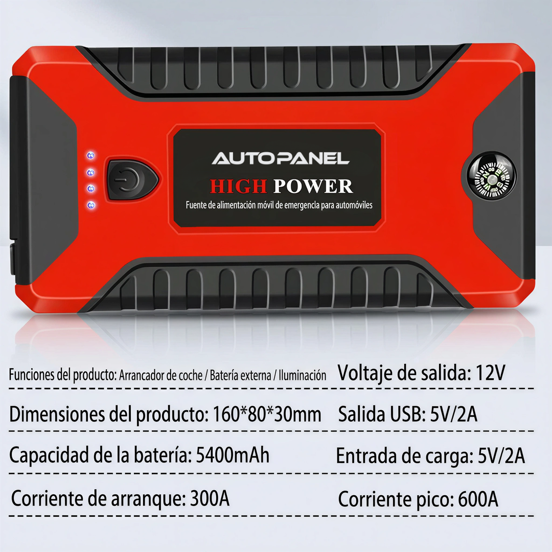 AutoPanel Boost partidor de bateria High Power ficha tecnica 300A arranque 600A pico 5400mAh 12V USB