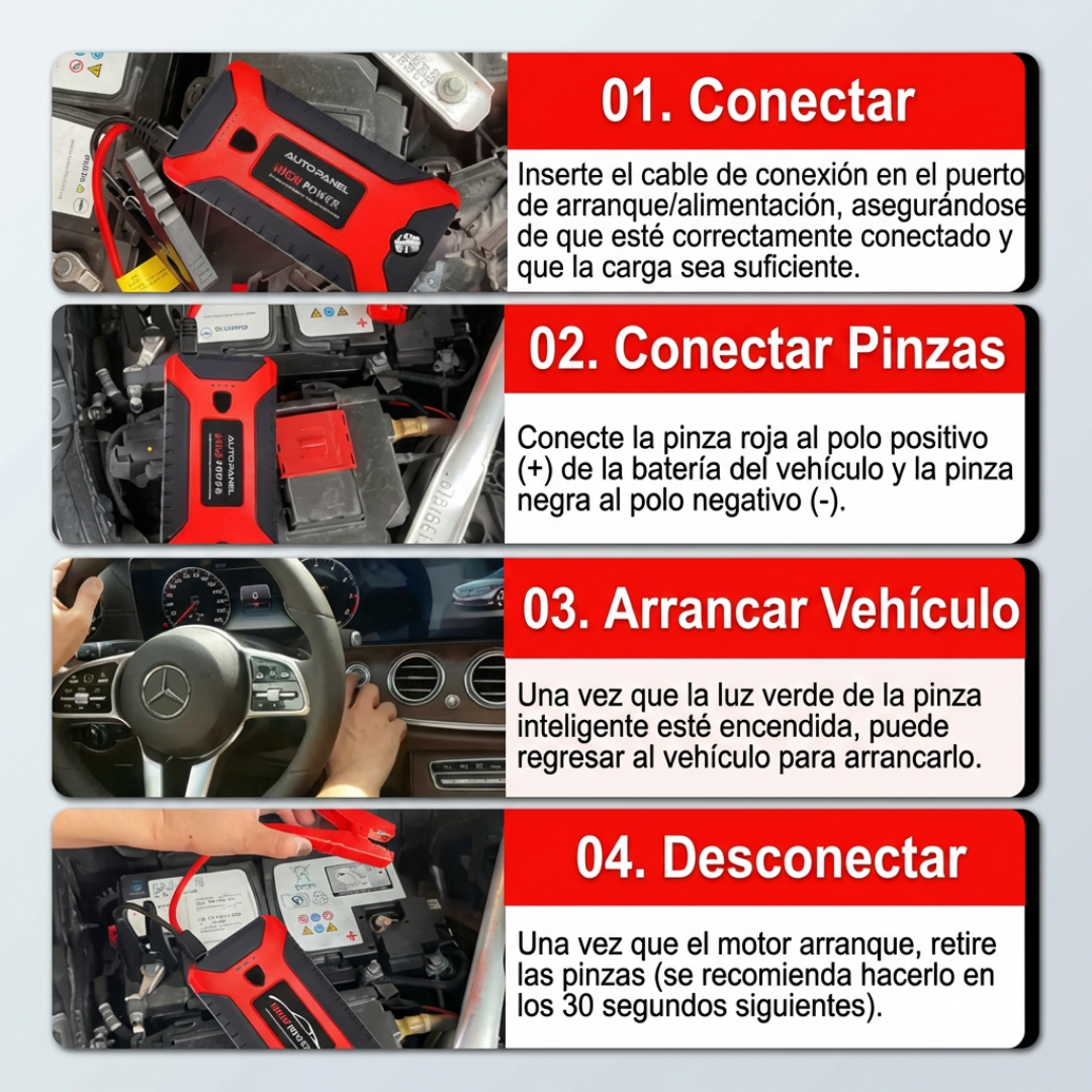 AutoPanel Boost partidor de bateria instrucciones de uso en 4 pasos conectar pinzas arrancar y desconectar