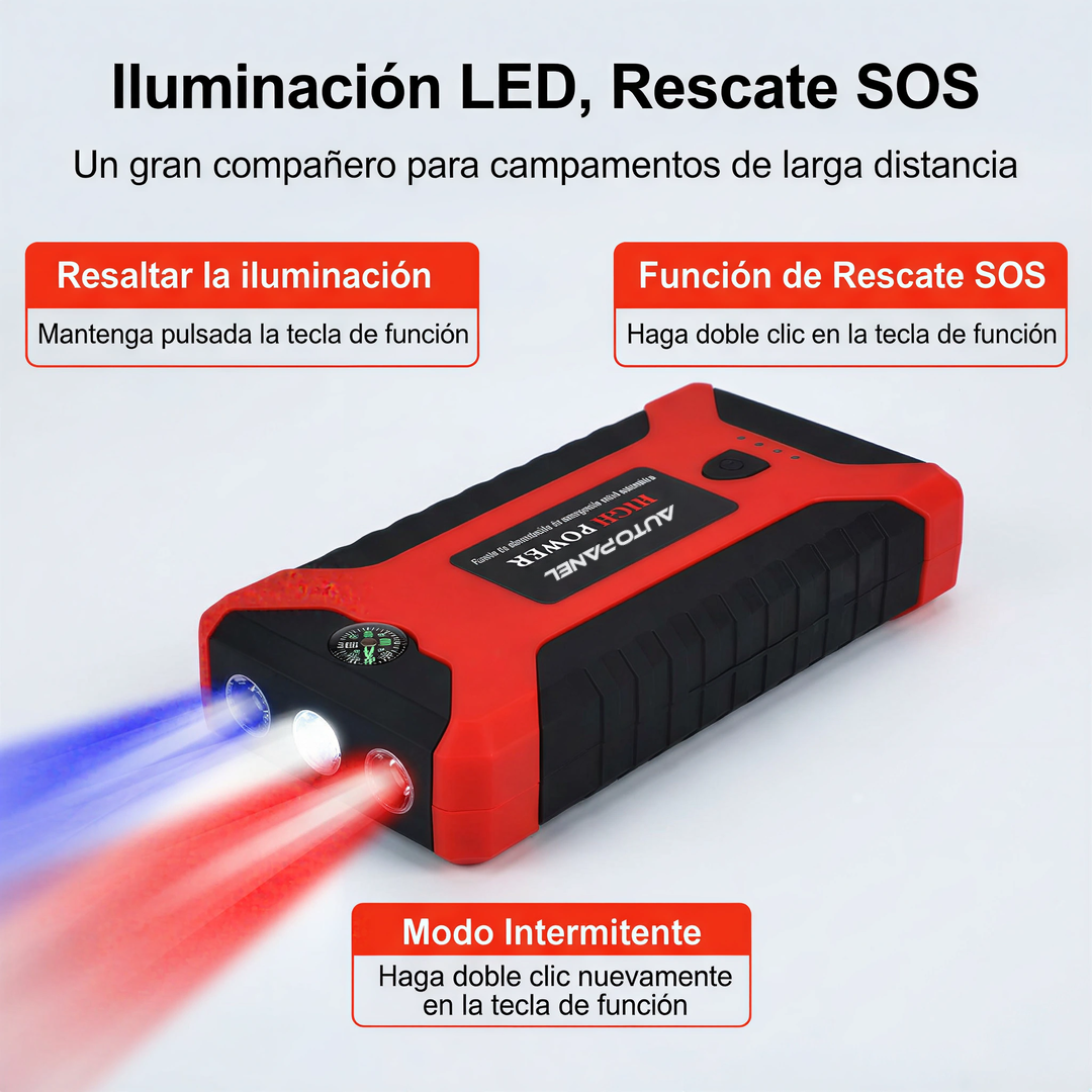AutoPanel Boost partidor de bateria con luz LED multicolor y funcion de rescate SOS modo intermitente