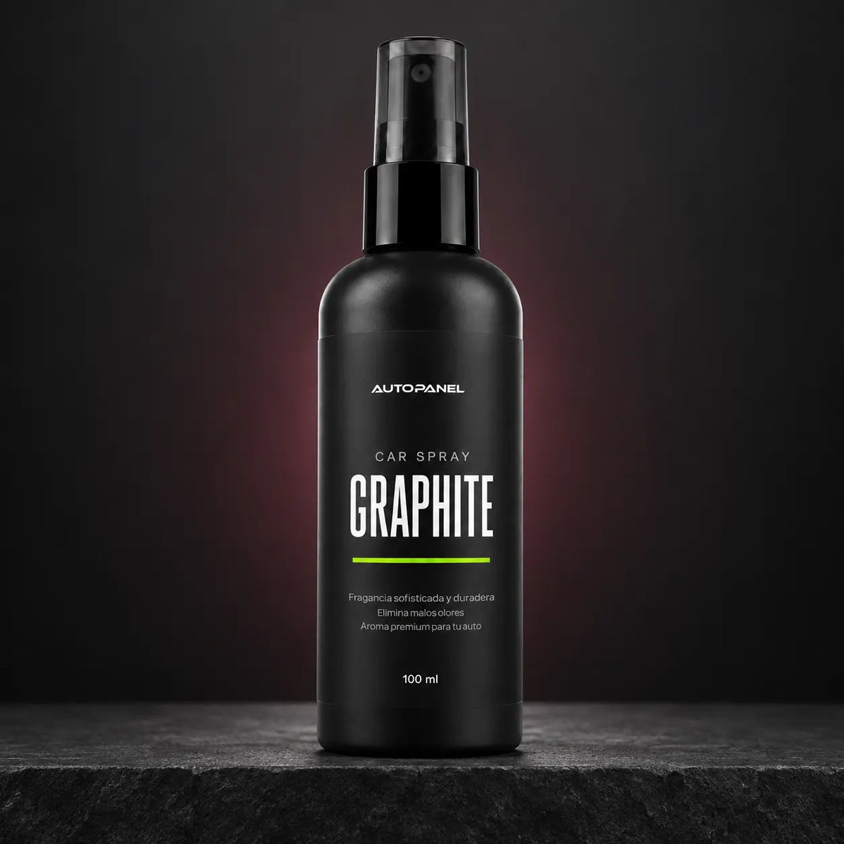 Botella AutoPanel Graphite de 100 ml sobre fondo grafito y borgoña