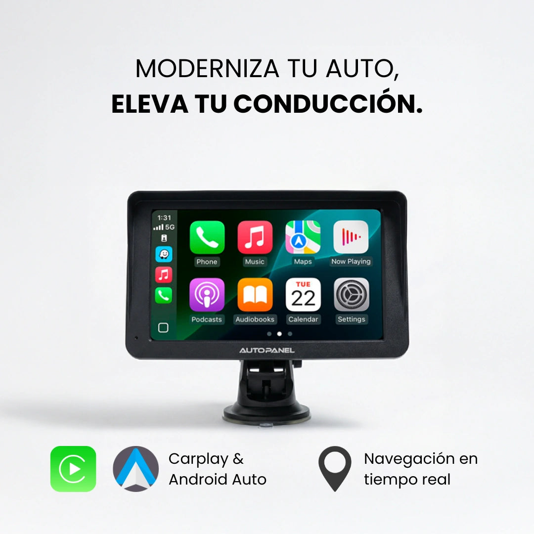 AutoPanel Prime 7 pantalla mostrando interfaz CarPlay y Android Auto con navegacion en tiempo real para auto