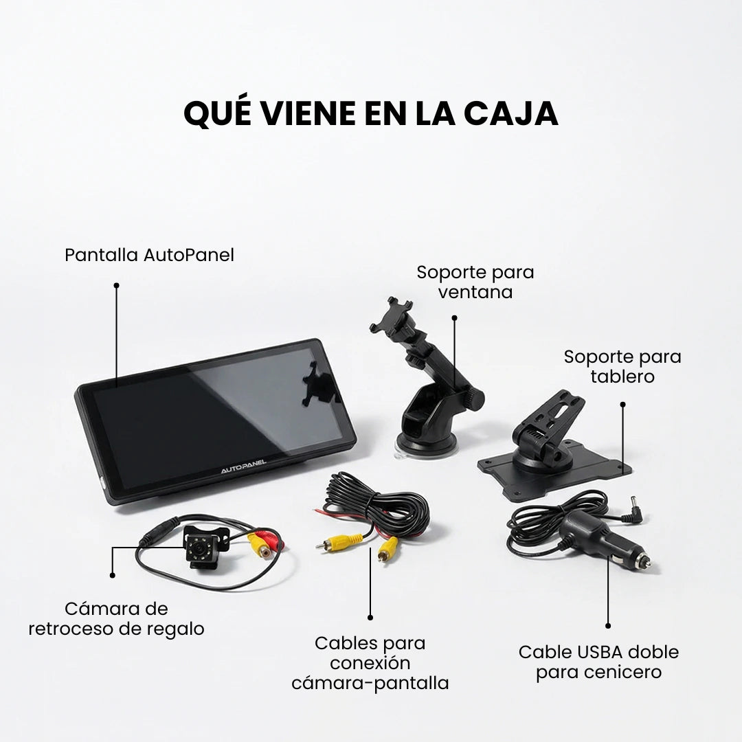AutoPanel Pro monitor CarPlay portátil contenido de la caja - incluye pantalla, soportes ventana y tablero, cámara retroceso y cables