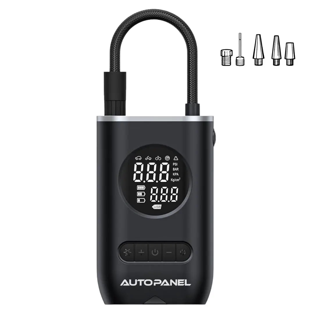 AutoPanel Air Rescue inflador portatil para neumaticos vista frontal con pantalla digital y boquillas incluidas