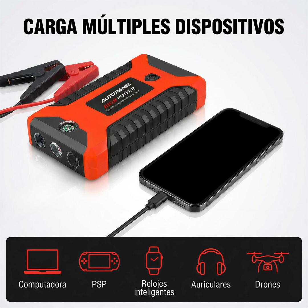 AutoPanel Boost partidor de bateria cargando celular con pinzas y compatible con computadora PSP y drones