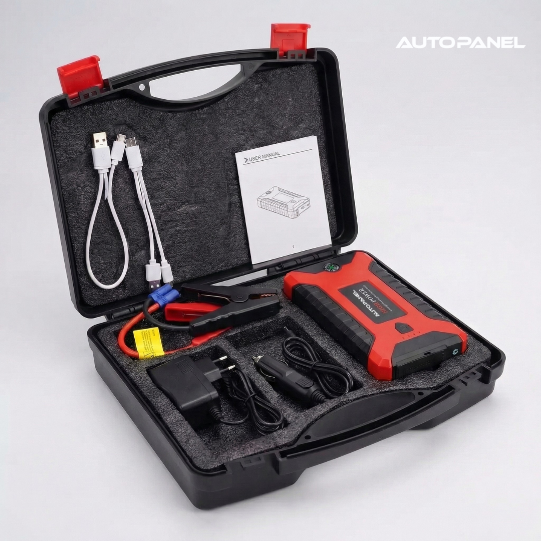 AutoPanel Boost partidor de bateria en maletin con accesorios pinzas cables USB cargador y manual incluidos