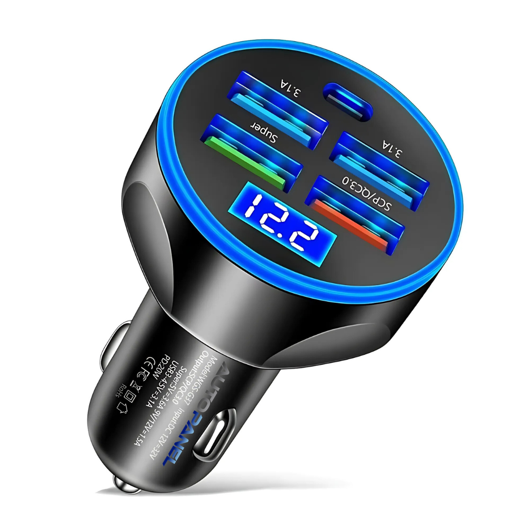 AutoPanel Cargador Rápido USB de 4 puertos con pantalla LED para carro - carga rápida QC 3.0 para múltiples dispositivos en tu auto