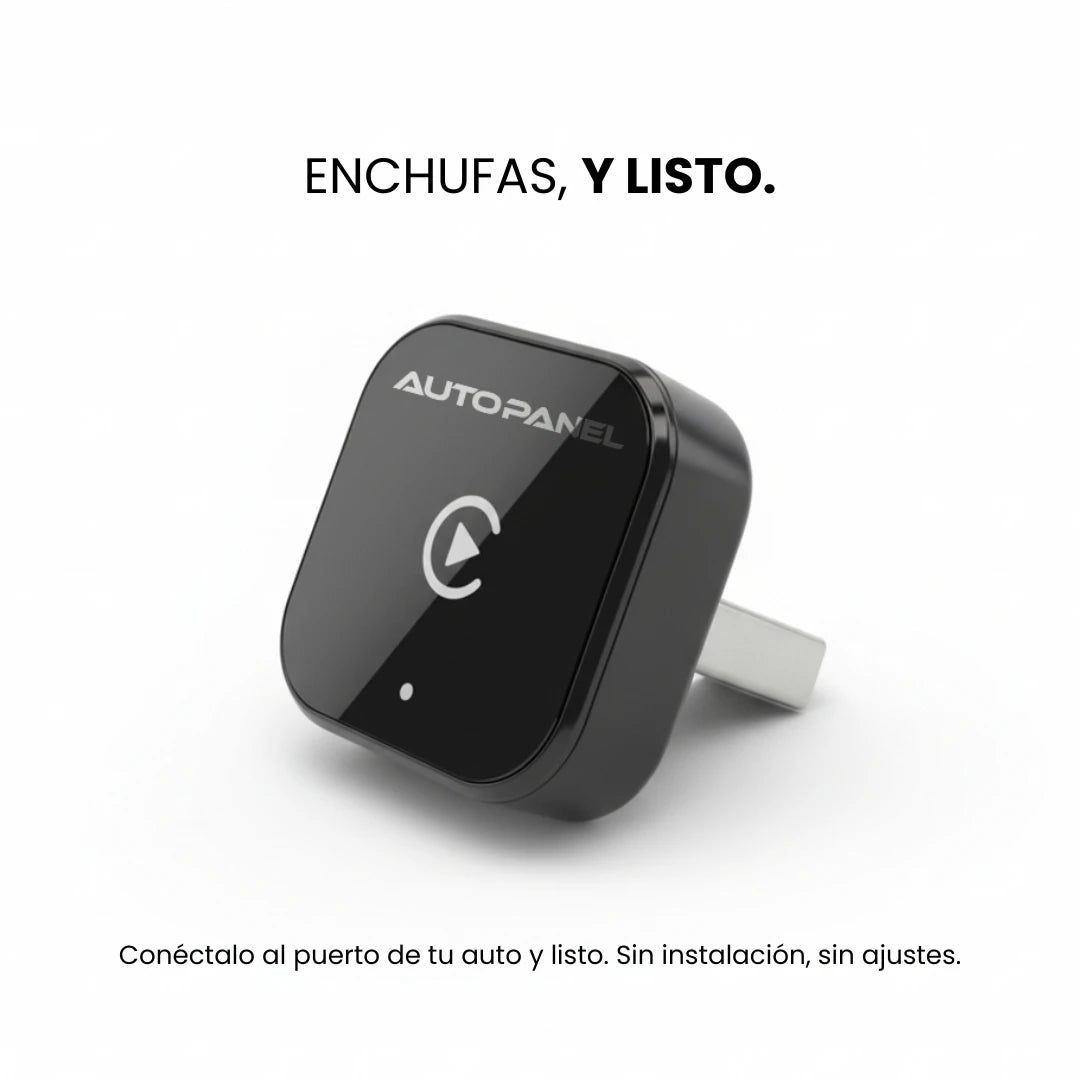 AutoPanel Link adaptador CarPlay inalámbrico plug and play - conéctalo al puerto USB de tu auto y listo, sin instalación ni ajustes