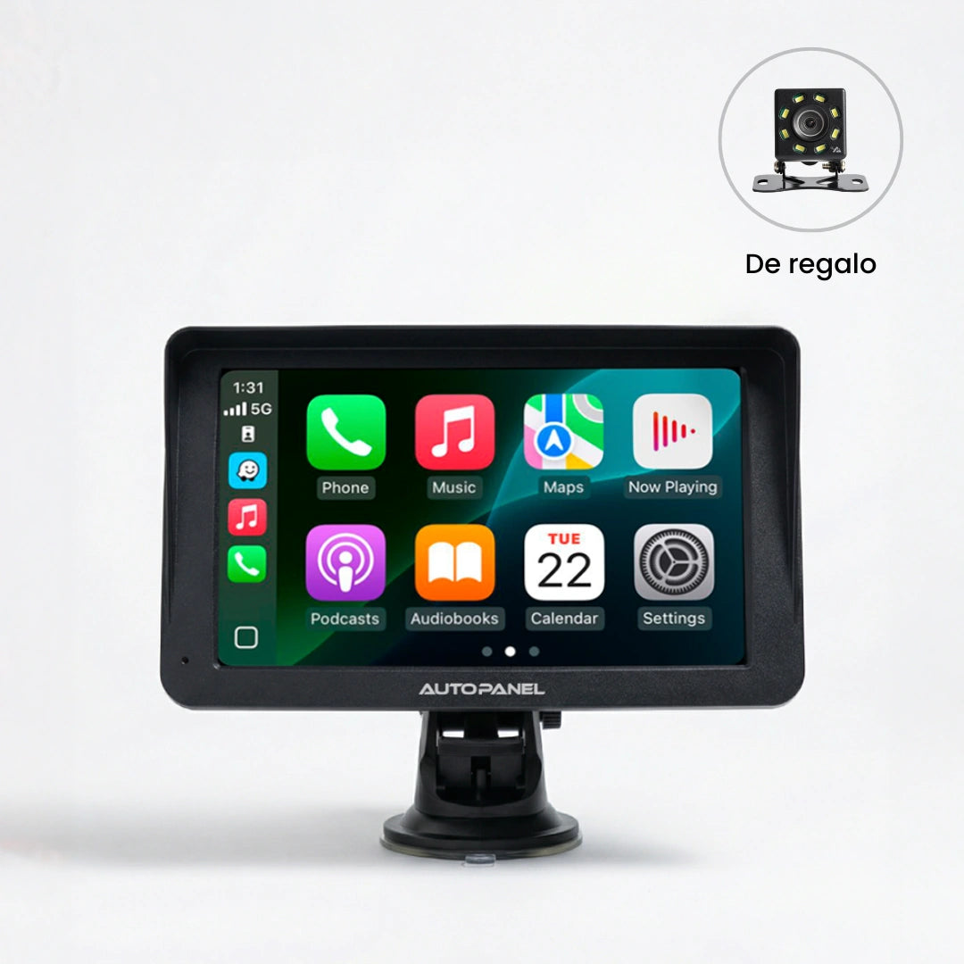 AutoPanel Prime 7 pantalla con interfaz Apple CarPlay mostrando apps y camara trasera incluida de regalo