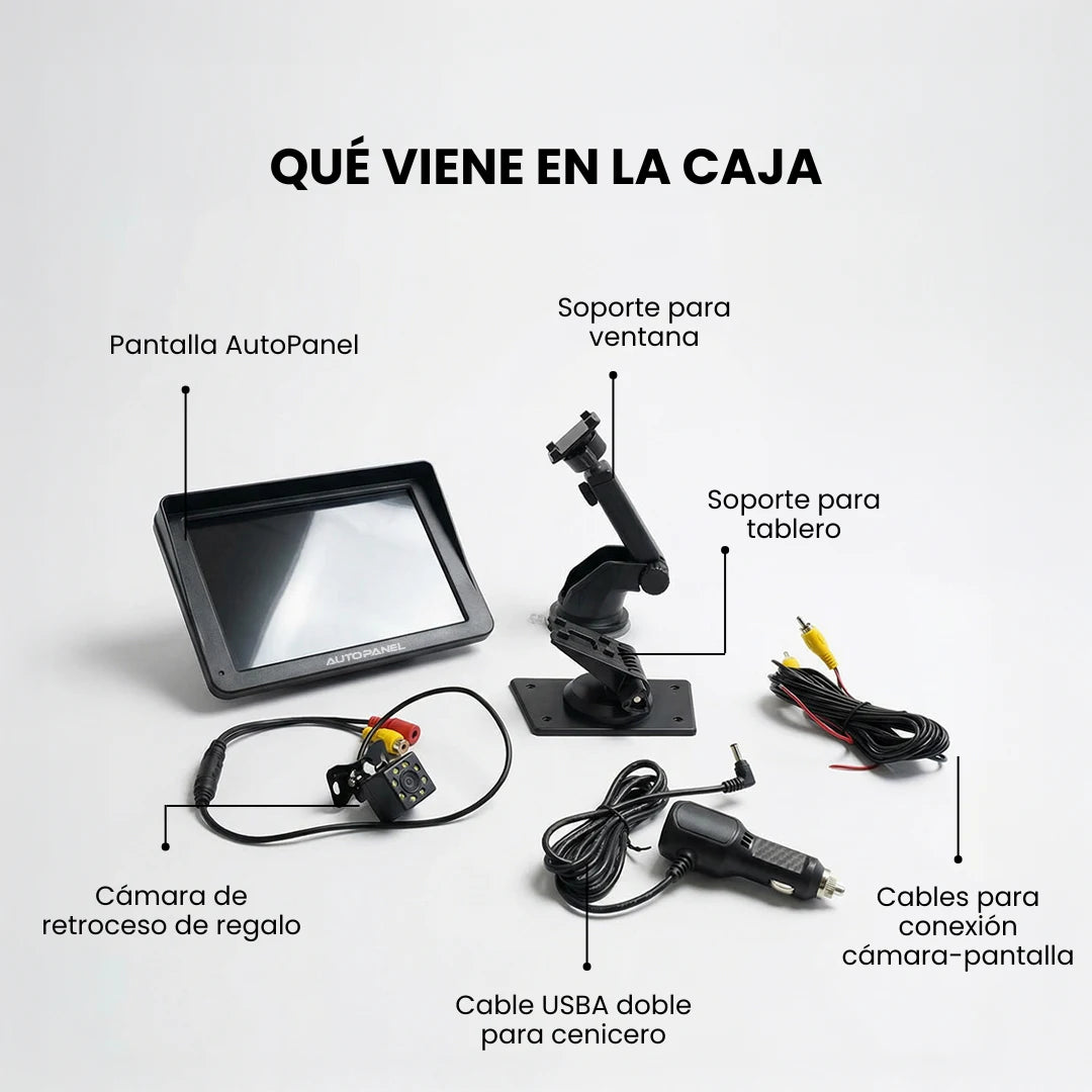 AutoPanel Prime pantalla CarPlay inalámbrica contenido de la caja - incluye soporte ventana, soporte tablero, cámara retroceso, cable USB y cables conexión