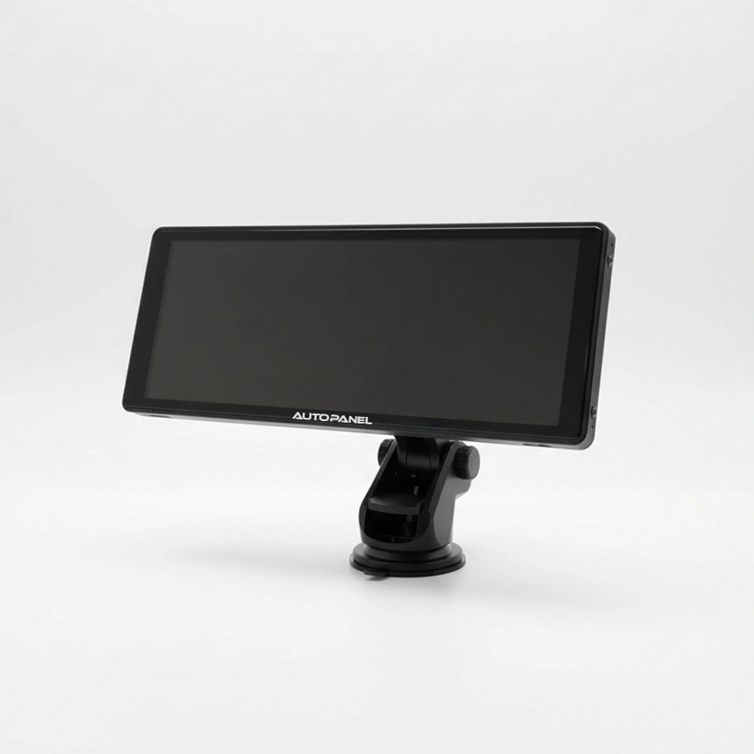 AutoPanel Pro monitor CarPlay portátil 10 pulgadas vista frontal con soporte ventosa - pantalla panorámica para tu auto