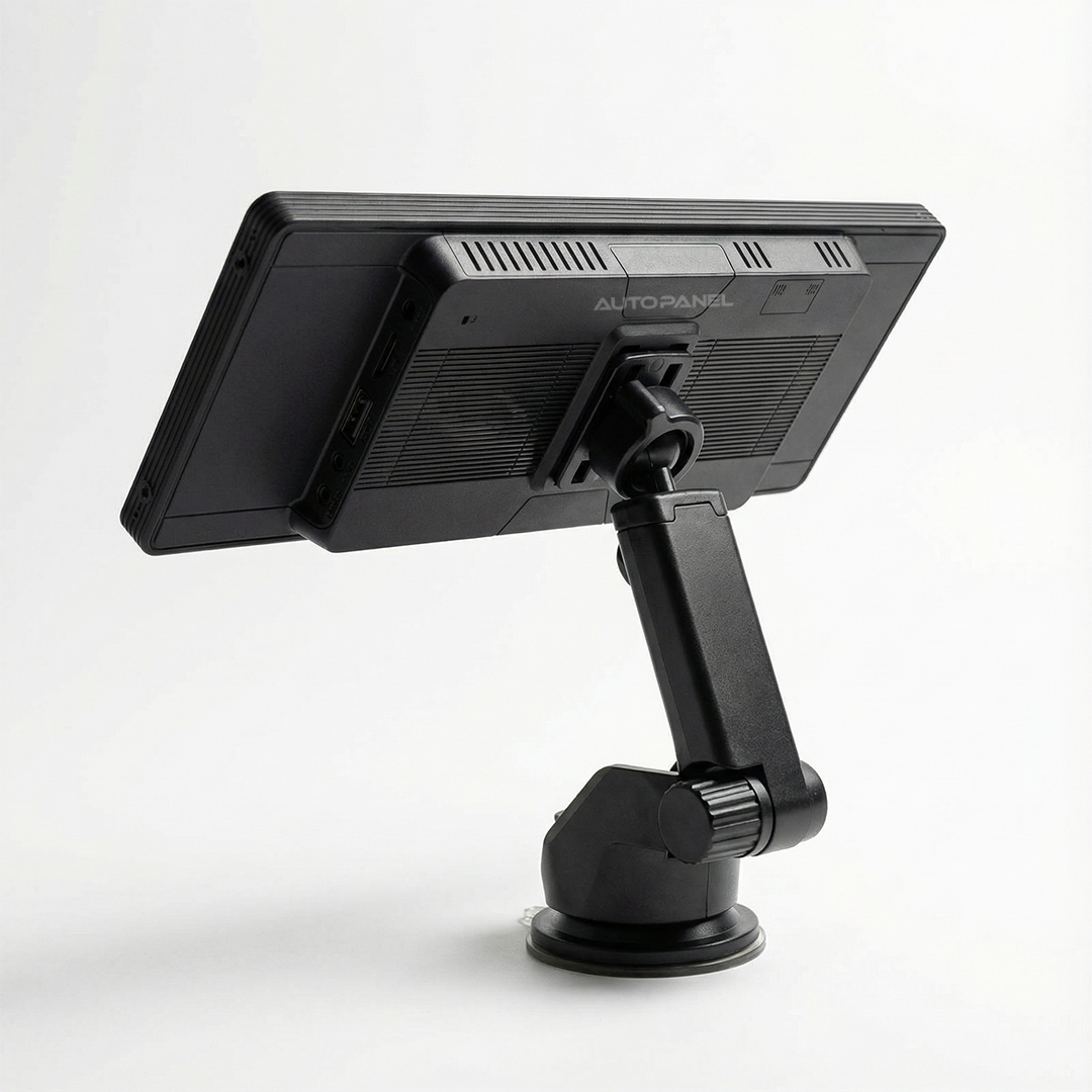 AutoPanel Pro monitor CarPlay portátil vista lateral trasera con soporte ventosa ajustable de altura y ángulo
