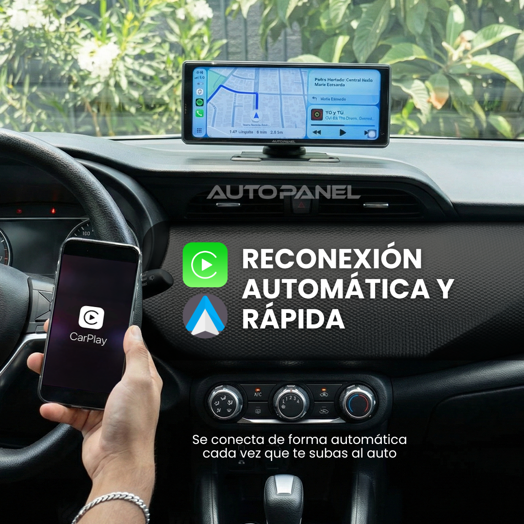 AutoPanel Pro monitor CarPlay portátil reconexión automática con iPhone cada vez que subes al auto - sin cables inalámbrico
